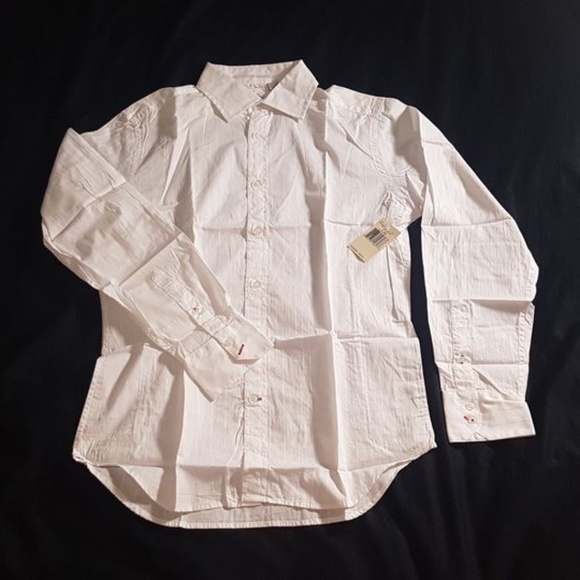 NWT GUESS Mens White Button Up Shirt with White on White Stripes - Size Large - Picture 1 of 6